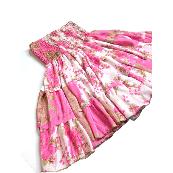 Silk Layered Ruffle Fairy Coquette Balletcore Smocked Pink Floral Skirt XS - Picture 5 of 9